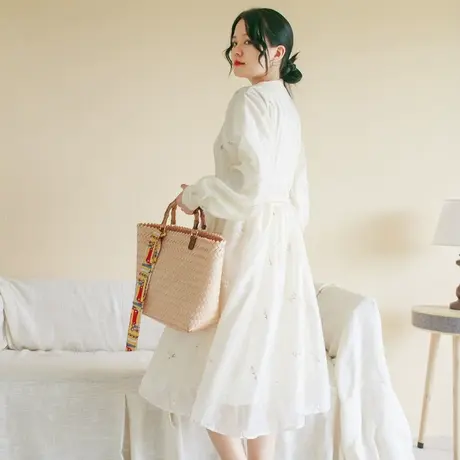 胖妹妹秋装2023新品珍珠刺绣旗袍裙 大码微胖欧根纱绣花宽松长裙商品大图