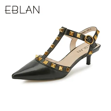 伊伴春夏新款女鞋铆钉高跟包头仙女凉鞋细跟春夏真皮尖头后空单鞋商品大图