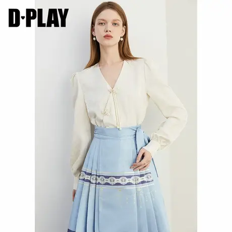 DPLAY秋季中国风白色v领泡泡袖宽松改良衬衫上衣女商品大图