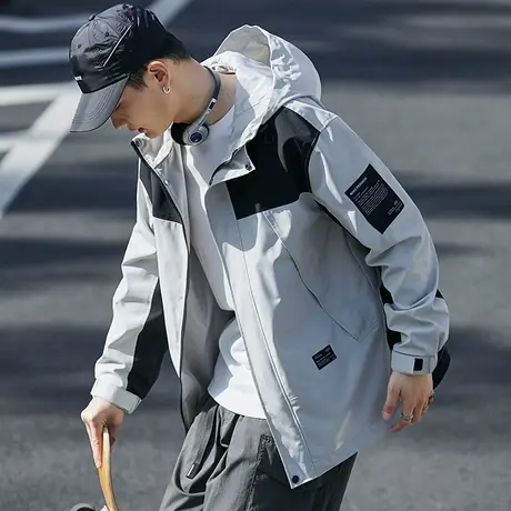 唐狮春秋季新款外套男休闲冲锋少年上衣户外工装拼接风衣外套宽松图片
