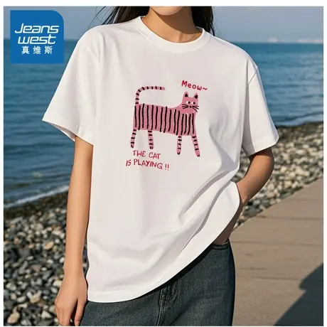 YD真维斯女装2025夏季新款女款条纹小猫印花时尚百搭女士短袖T恤商品大图