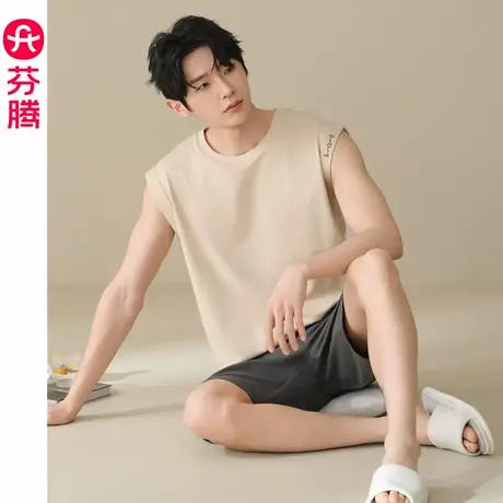 芬腾睡衣男款夏季纯棉无袖男士夏款可外穿加大码背心短裤运动套装商品大图
