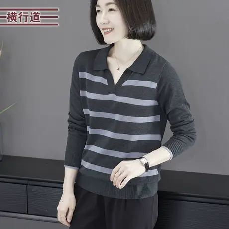 2023冬季新款韩版简约复古翻领拼色条纹宽松针织衫长袖女大码外穿商品大图