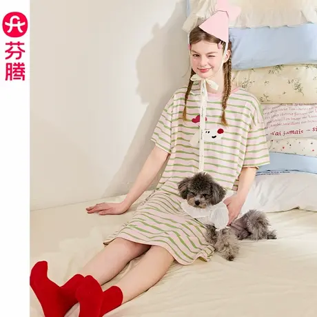 芬腾服饰女士睡裙夏季纯棉薄款短袖睡衣裙可爱休闲大码家居裙中裙商品大图