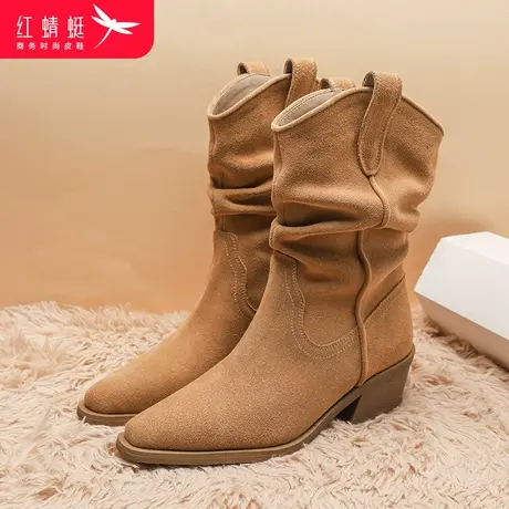 红蜻蜓女靴冬季新款高跟西部牛仔靴套筒时尚堆堆靴百搭粗跟骑士靴商品大图
