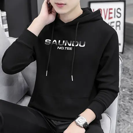2023新款黑色卫衣男士春秋款长袖带帽衫潮牌字母印花加绒连帽外套商品大图