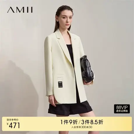 Amii2025秋新款翻驳领小宽肩垫肩开叉西装女布标装饰中长款上衣图片