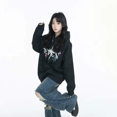YEP复古印花黑色连帽卫衣男女春季新款情侣装帽衫宽松设计感外套商品大图
