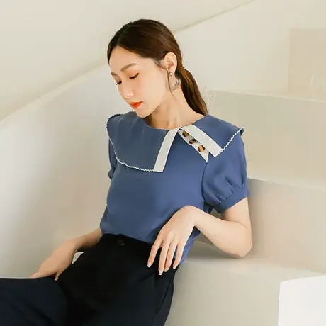 桔熊夏季通勤凉爽洋气小衫气质娃娃领撞色短袖上衣女大码AB15286商品大图