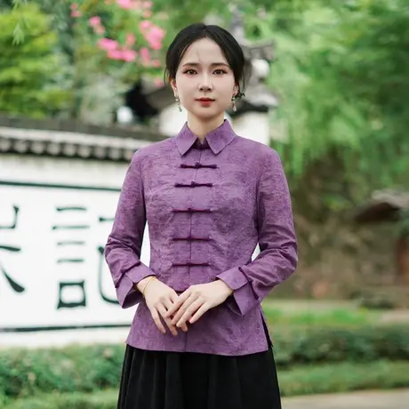 筠雅秋季新款气质显瘦新中式国风上衣民国复古唐装长袖上衣25J320商品大图