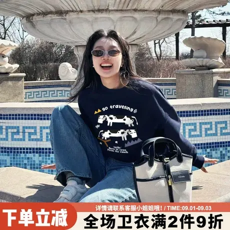 超火ins风设计感超显白藏蓝色无帽卫衣女宽松通勤百搭薄款上衣潮图片
