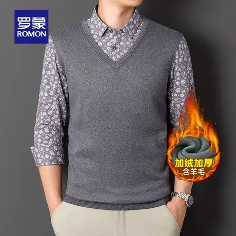 【含羊毛+桑蚕丝】罗蒙男士假两件针织衫2025冬季新款加绒毛线衣商品大图