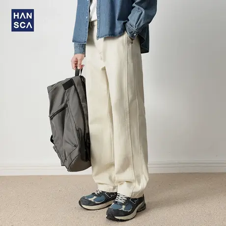 hansca日系复古拼接宽松休闲裤男2025秋季新款360g重磅纯棉长裤子商品大图