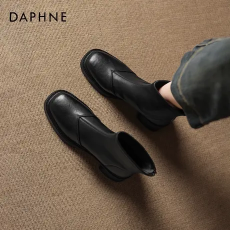 达芙妮黑色高跟短靴女2026新款秋冬季粗跟方头瘦瘦靴子加绒马丁靴图片