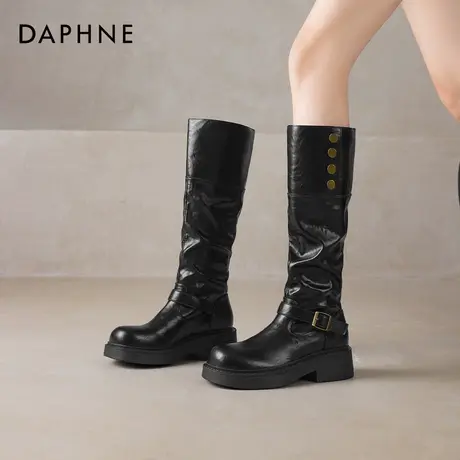 达芙妮堆堆长筒靴女2026新款爆款秋冬季加绒黑色厚底高筒骑士长靴商品大图