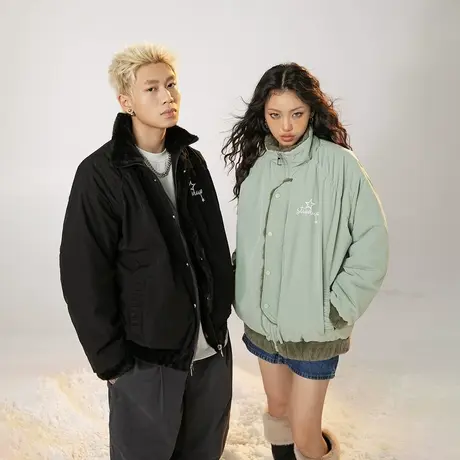 复古立领拼接棉服女冬季2023新款加厚外套情侣装宽松oversize棉衣商品大图