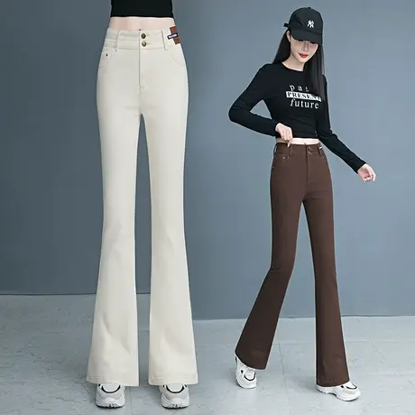 美拉德喇叭裤高腰显瘦女秋冬新款加绒裤子百搭长裤加厚牛仔微喇裤图片