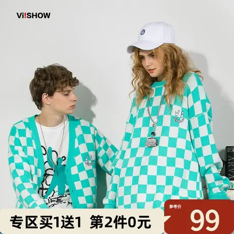 VIISHOW棋盘格圆领毛衣男士秋冬潮牌ins慵懒风情侣宽松长袖针织衫商品大图