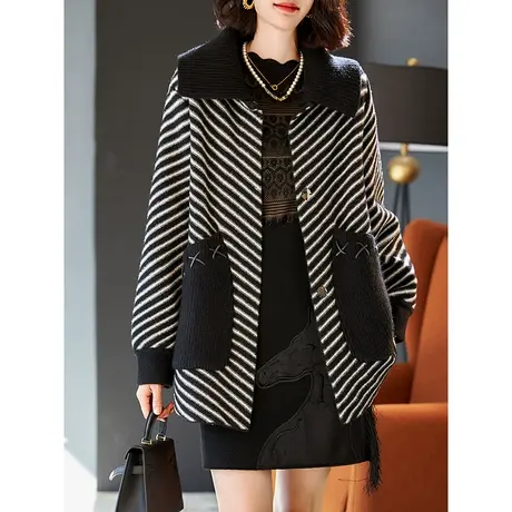 宝诗黎针织拼接翻领条纹羊毛外套女秋冬口袋开衫宽松上衣2023新款图片