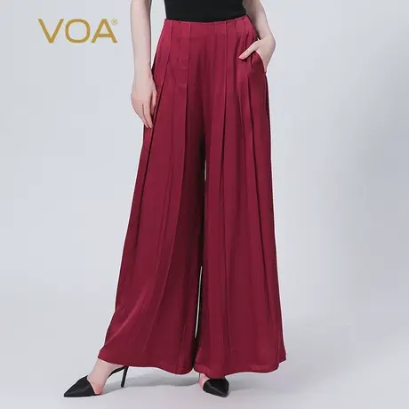 VOA真丝40姆米重磅双面缎浮红流丹褶皱垂顺柔软桑蚕丝阔腿裤图片