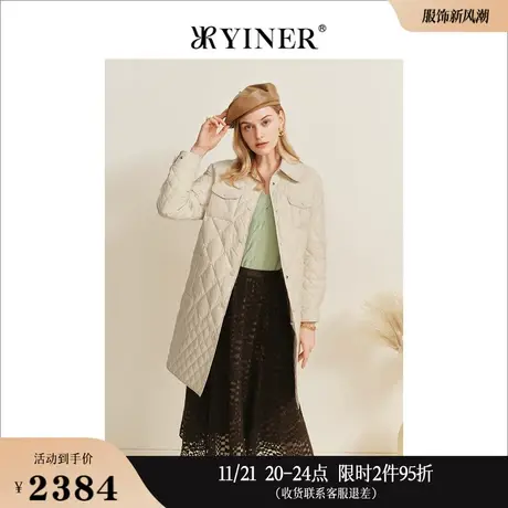 YINER音儿女装冬季菱格纹中长款保暖白鹅绒羽绒服商品大图