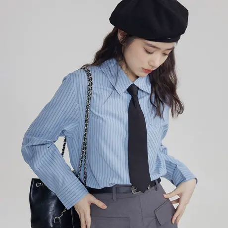 尔给衬衣2023年新款气质港风蓝色条纹衬衫女秋季长袖配领带上衣商品大图