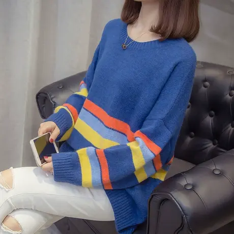 秋冬圆领宽松套头打底衫女装慵懒风上衣短款针织衫韩版毛衣彩条纹图片