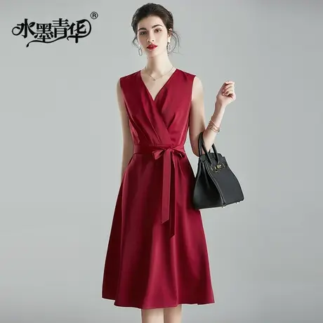 【1件7.9折】夏装新品时尚显瘦V领名媛气质系带百搭无袖连衣裙图片