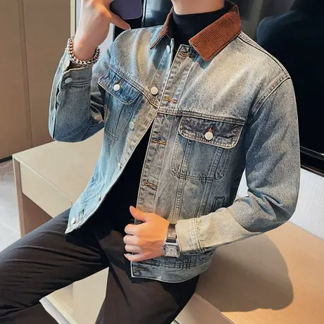 春秋季新款美式水洗撞色牛仔夹克男潮流百搭机车短款夜店休闲外套商品大图