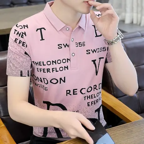 潮流短袖T恤男士翻领印花半袖polo衫社会青年渐变色上衣男装夏t恤图片