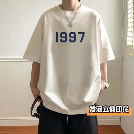 发泡印花高级感短袖t恤男夏季薄款港风宽松打底上衣美式潮牌体恤商品大图