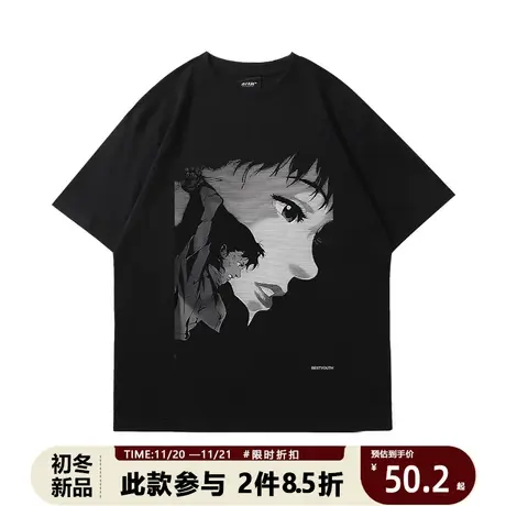 夏季国潮暗黑风动漫二次元嘻哈印花短袖T恤男小众情侣上衣潮商品大图