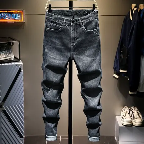 秋冬季破洞牛仔裤男修身小脚百搭男士显瘦韩版潮流男士休闲长裤子商品大图