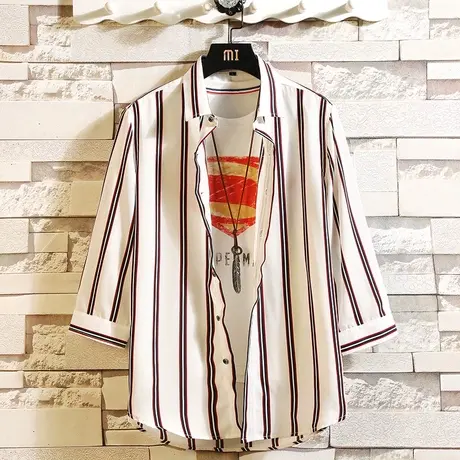 冰丝条纹七分袖衬衫男短袖韩版潮流男士夏季中袖衬衣学生五分寸衣商品大图