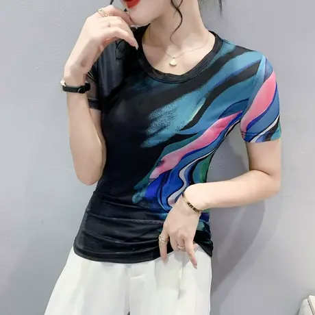 复古网纱上衣女短袖欧货夏装性感洋气T恤2023时髦漂亮打底小衫ins商品大图