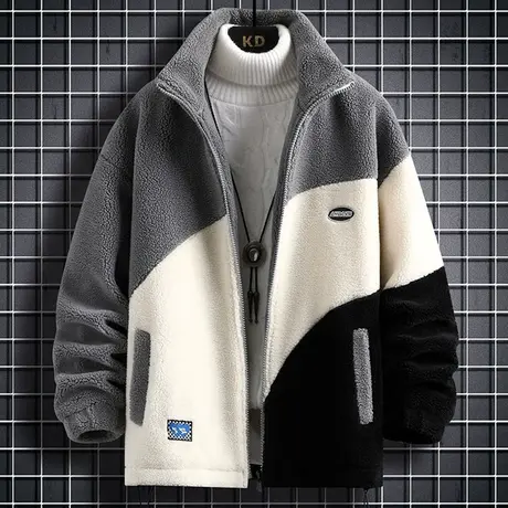 立领外套男秋冬季潮牌拼色羊羔绒夹克男士衣服宽松保暖摇粒绒冬装商品大图