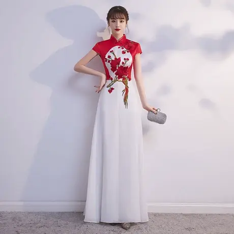 2025新款红色长款修身改良显瘦旗袍大合唱团长裙舞台走秀表演出服图片