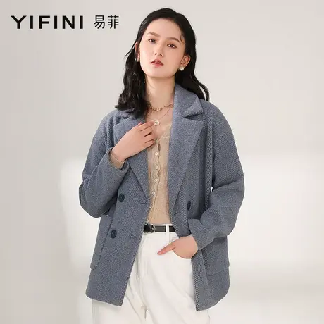 Yifini/易菲秋冬新款宽松呢料水墨蓝色双排扣短款呢料短外套女商品大图