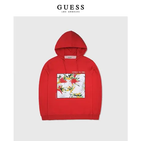 GUESS男士红色中式印花oversize连帽套头卫衣图片