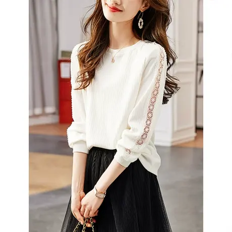 时尚甜美显瘦长袖T恤2023年春季新款淑女温柔圆领通勤百搭上衣商品大图