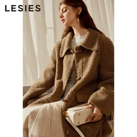 LESIES蓝色倾情秋冬季新款羊羔绒翻领宽松长款过膝牛角扣大衣外套图片