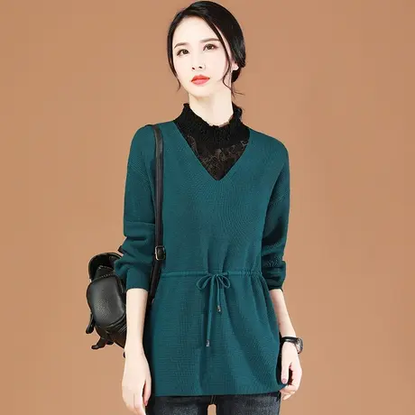 假两件蕾丝拼接半高领收腰毛衣系带中长款女2024春装外穿针织衫潮图片