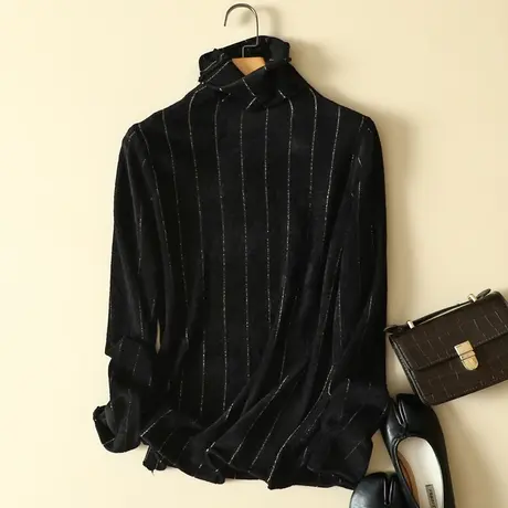 秋冬新款高领金线竖条纹天鹅绒套头毛衣女宽松内搭打底衫针织上衣商品大图