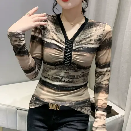 复古印花打底衫女长袖时尚钉珠V领性感网纱T恤洋气修身漂亮上衣潮商品大图