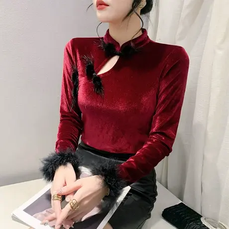 国风盘扣立领T恤女长袖性感丝绒加厚上衣气质减龄修身洋气打底衫图片