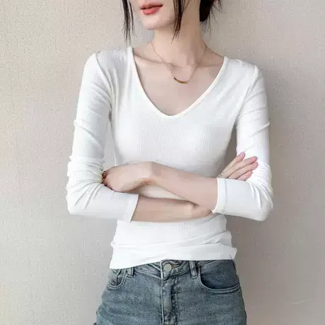 深V领设计感纯色薄款针织衫女2023春夏新款修身西装内搭长袖T恤图片