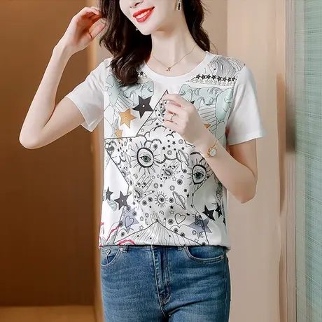 绸缎面料上衣女设计感小众上衣时尚洋气宽松印花正肩短袖t恤女夏图片