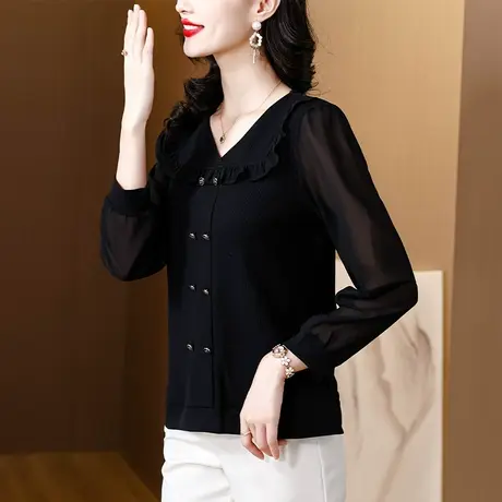 洋气黑色V领衬衫女秋季2023新款高端大气别致减龄显瘦遮肉小衫女商品大图