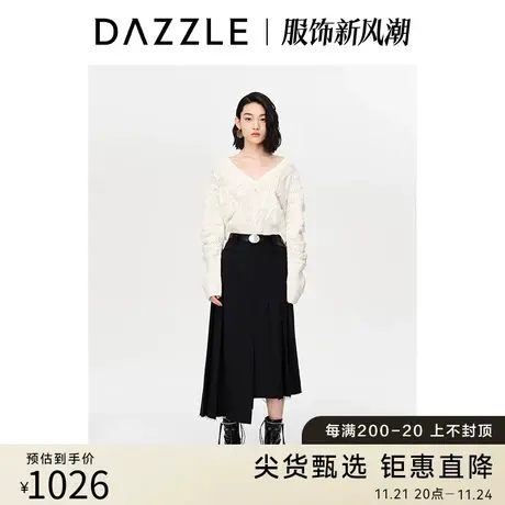 DAZZLE地素奥莱2023春季新款白色浮雕logo提花镂空弹力袖毛针织衫图片