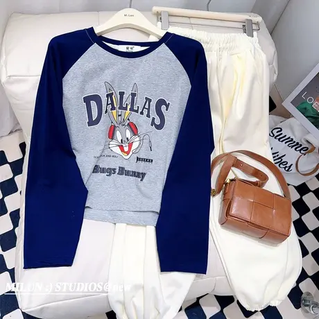 2023春新款小个子上衣韩版港味原宿风ins兔子撞色长袖T恤短款宽松图片